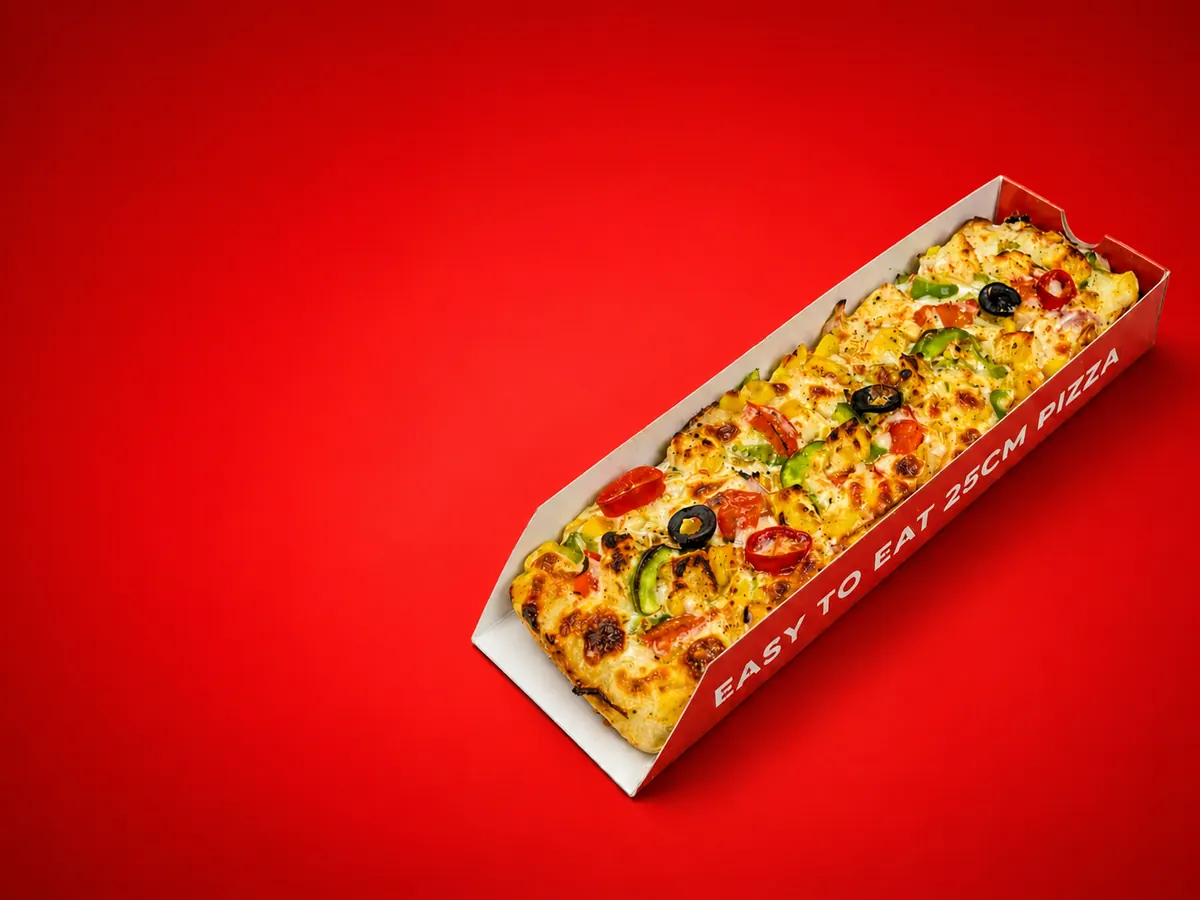 Snack'ori rectangle pizza ready for takeaway